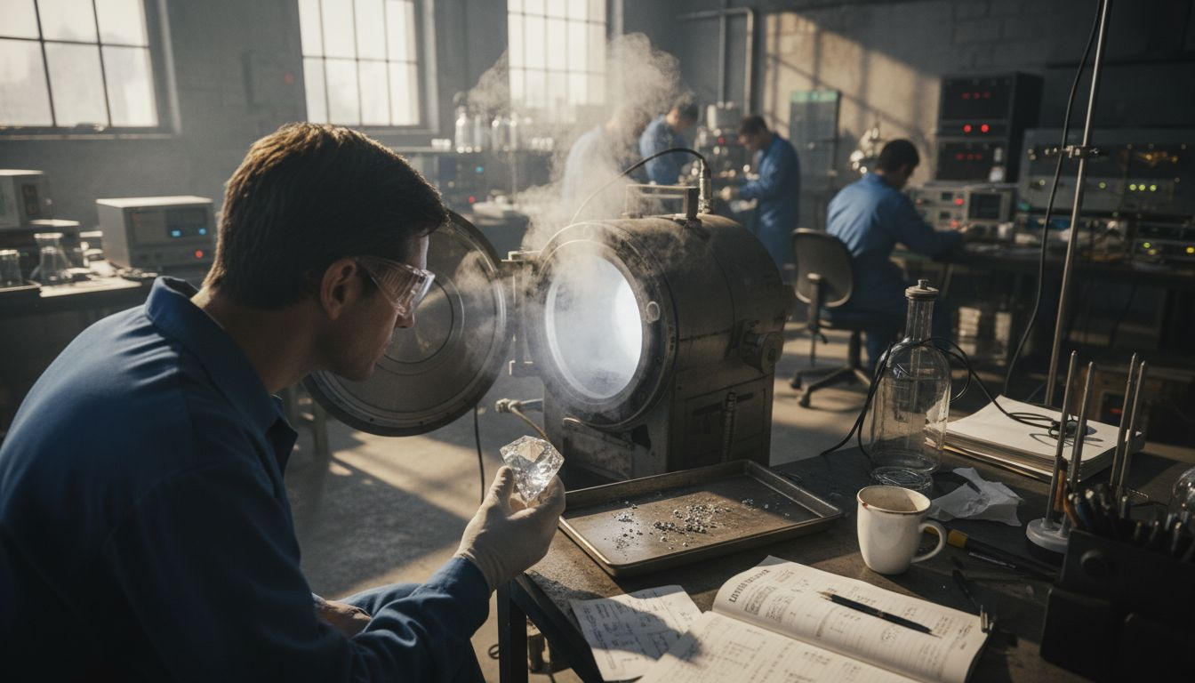 Engineer carefully extracting diamond from reactor
