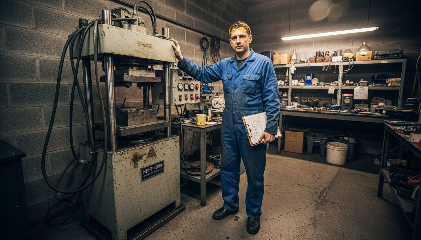 Technician beside HPHT diamond press in lab