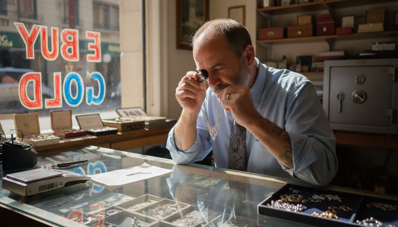 Jeweler inspecting diamond necklace at counter
