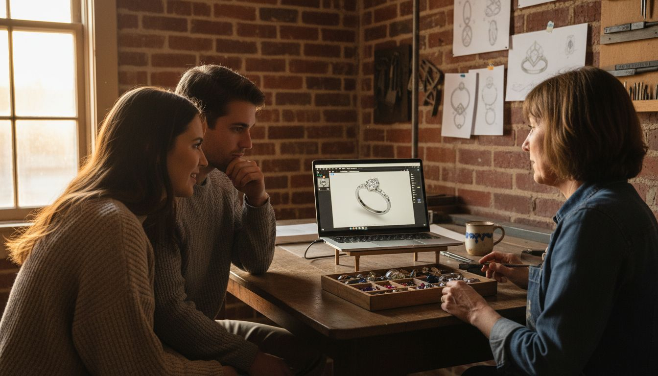 Couple reviewing 3D ring design with jeweler