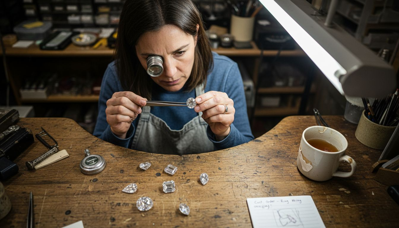 Jeweler examining multiple diamond cuts
