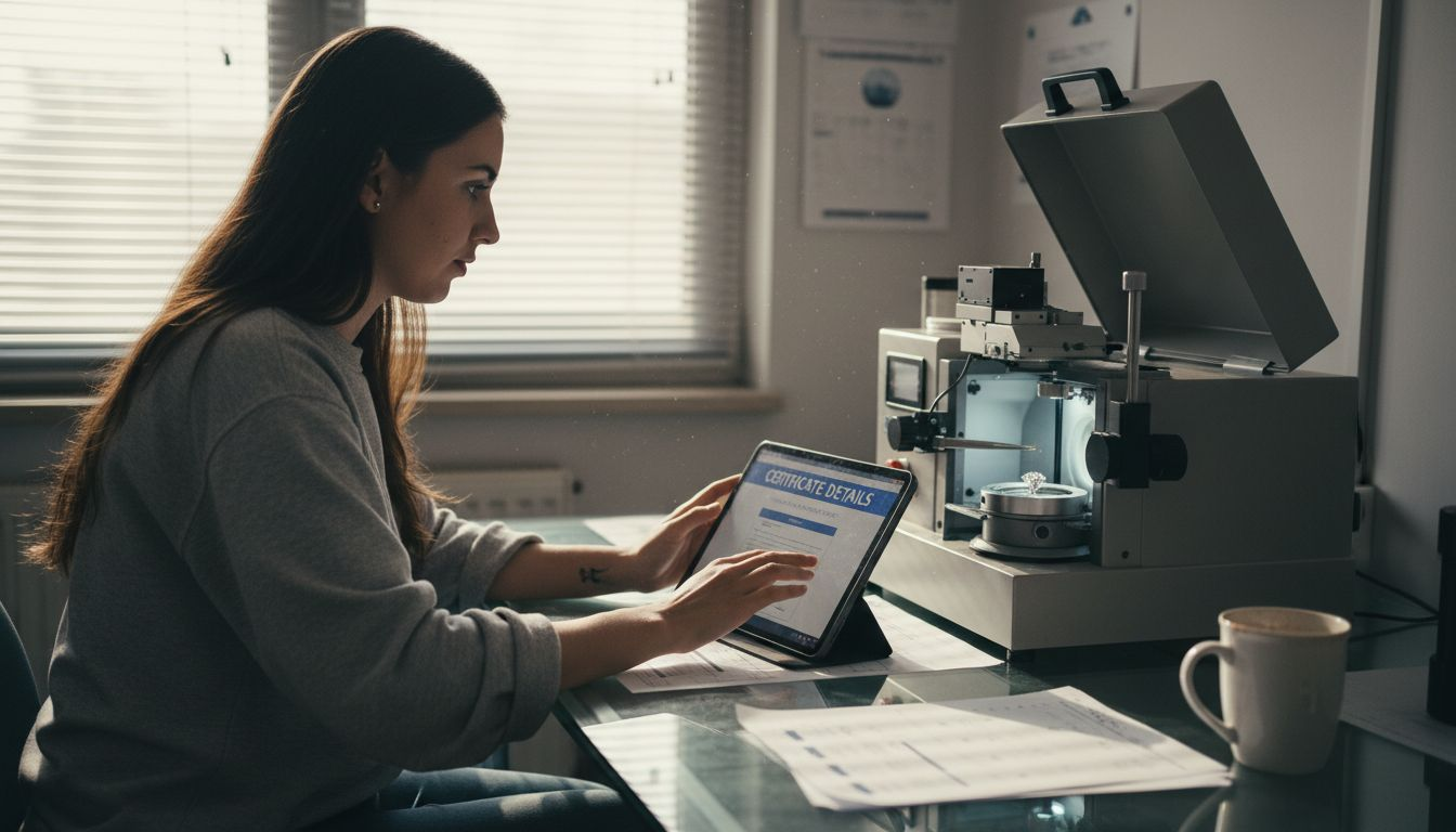 Technician recording diamond grading certificate process