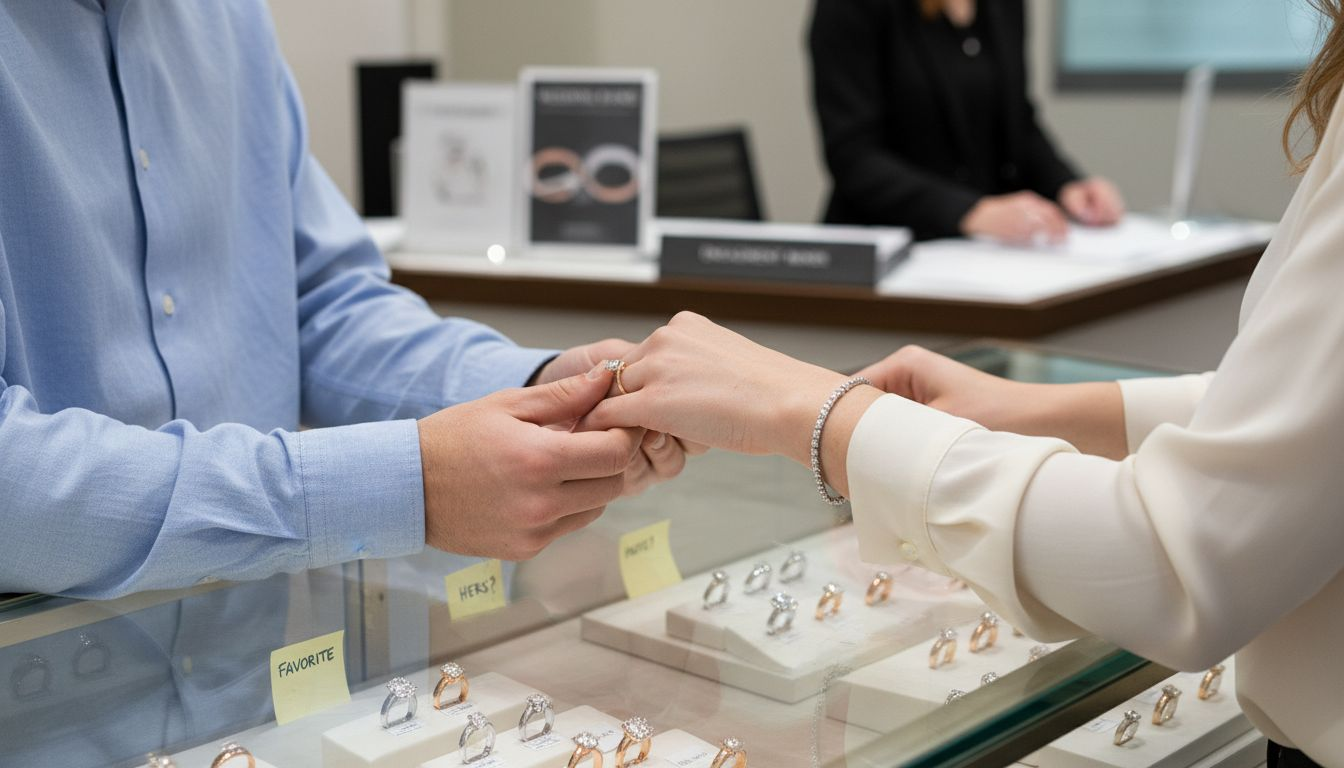 Couple selecting diamond shapes metals