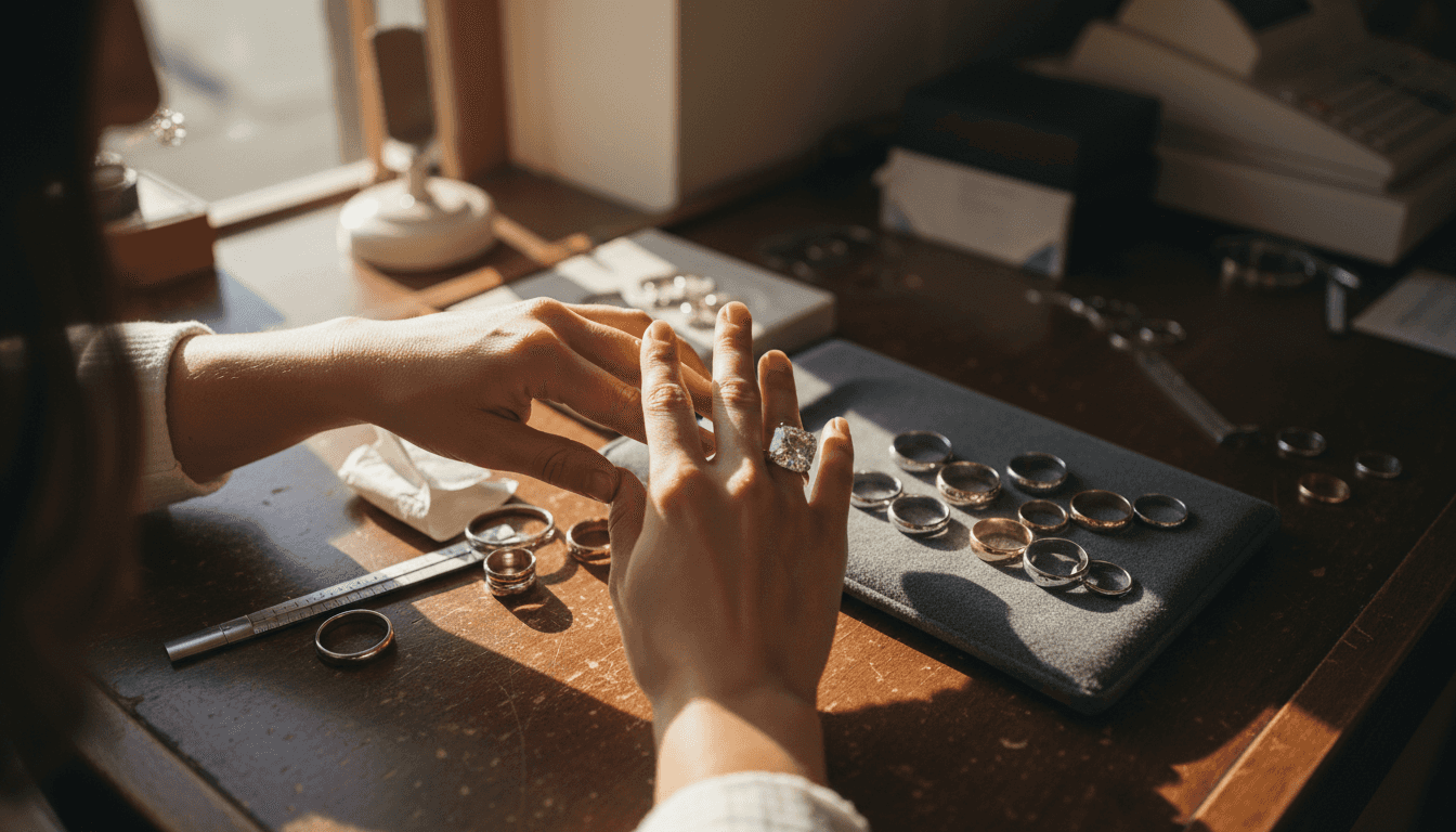 Hands trying on wedding rings at counter