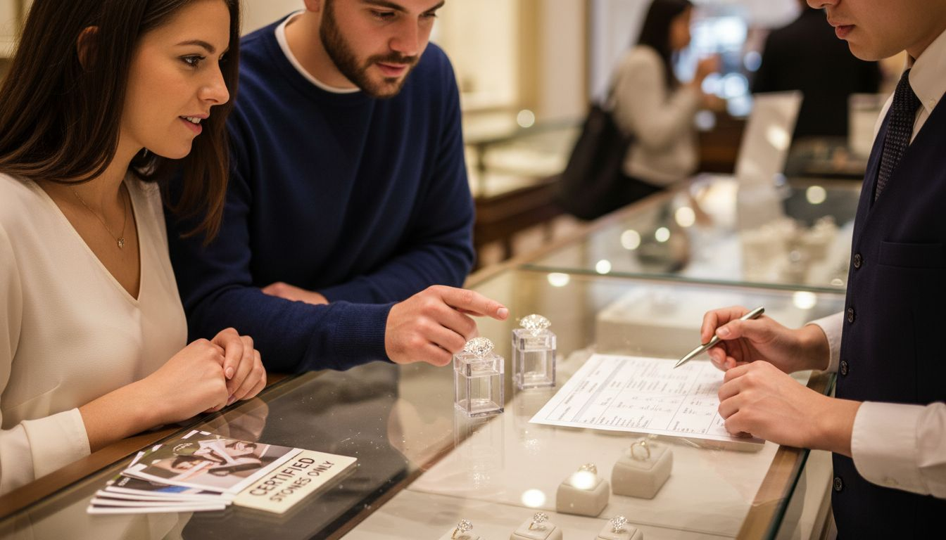 Couple comparing certified and uncertified diamonds