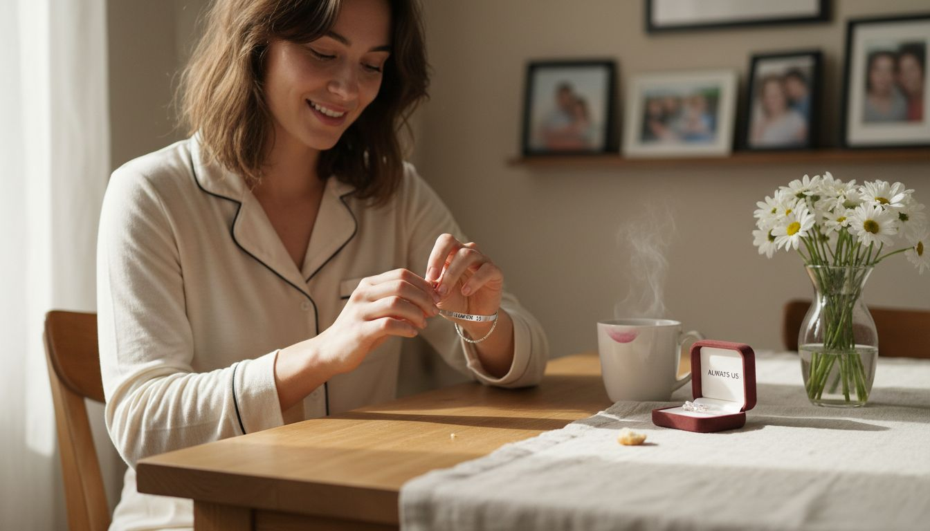 Woman wearing custom bracelet at kitchen table