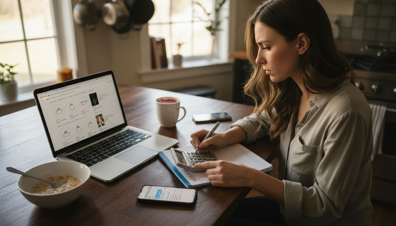 Bride researching wedding ring prices online