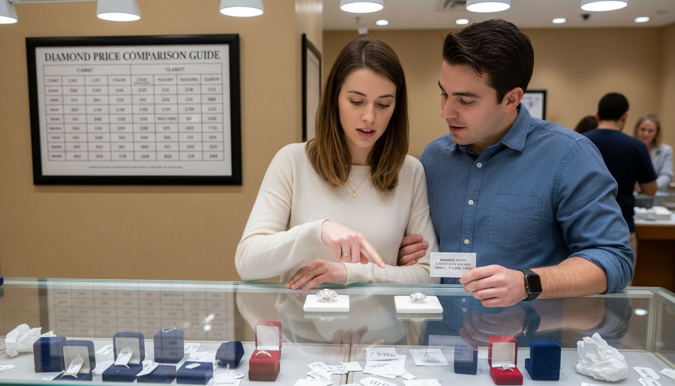 Couple comparing diamond prices and appearance