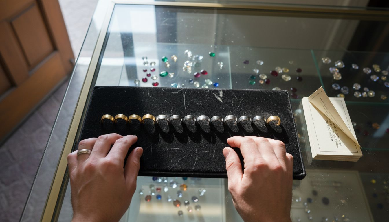 Jeweler comparing different band metals for couples