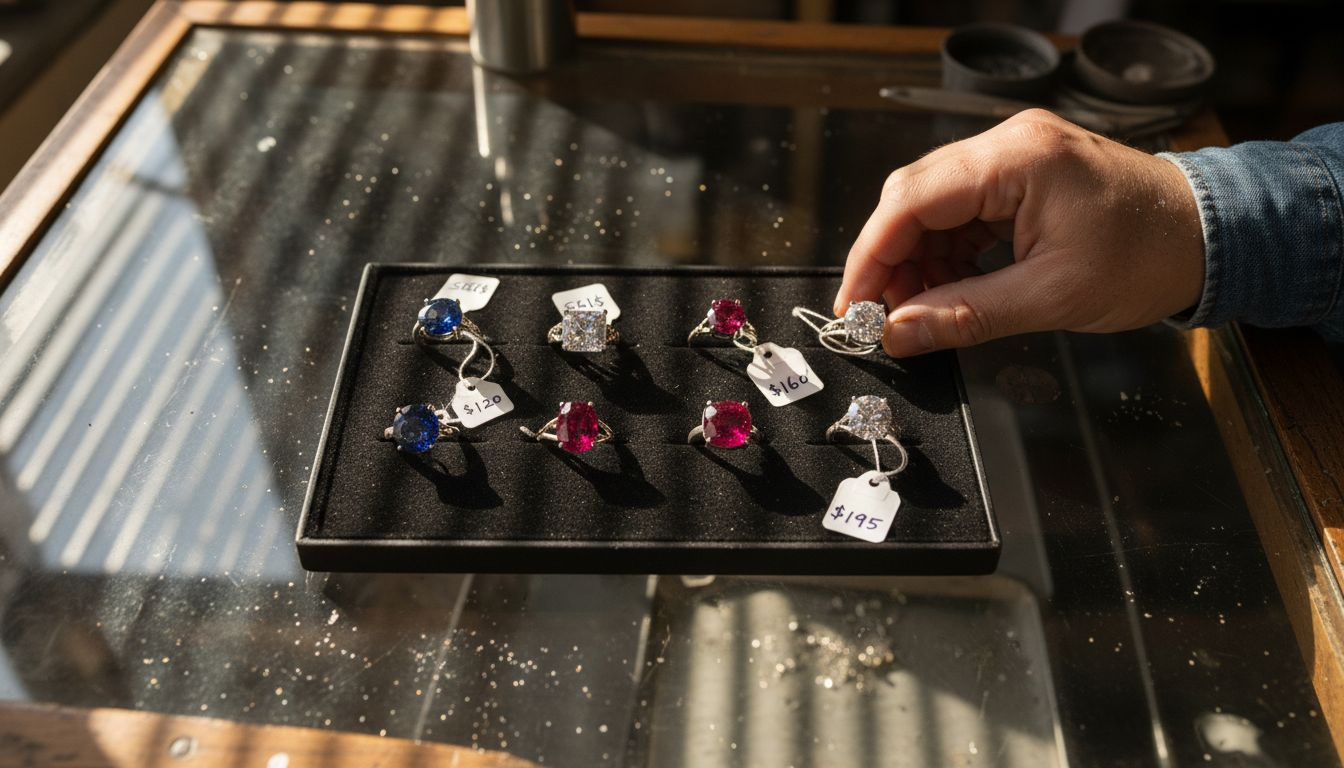 Affordable customizable gemstone rings in display tray