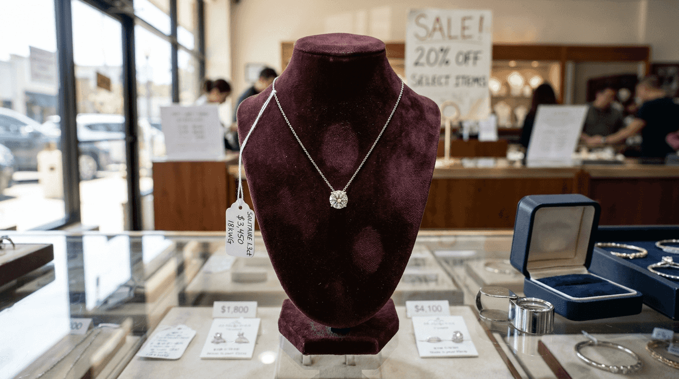 Solitaire diamond necklace display close-up