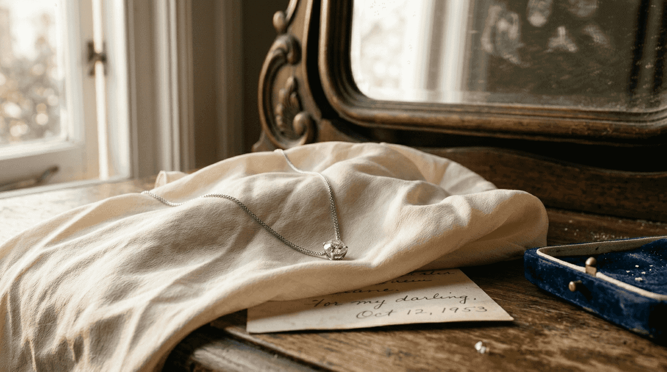Solitaire diamond necklace on vintage dresser