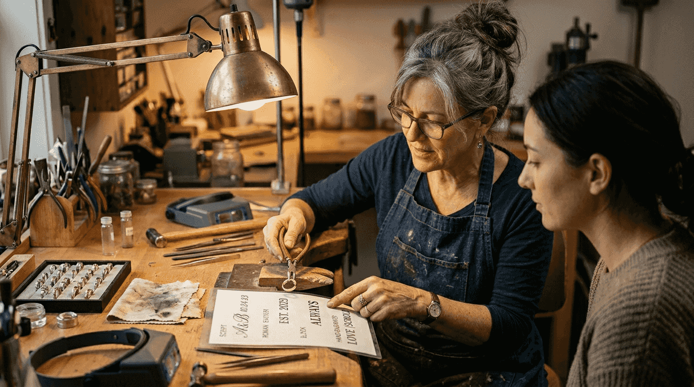 Jeweler showing wedding band customization
