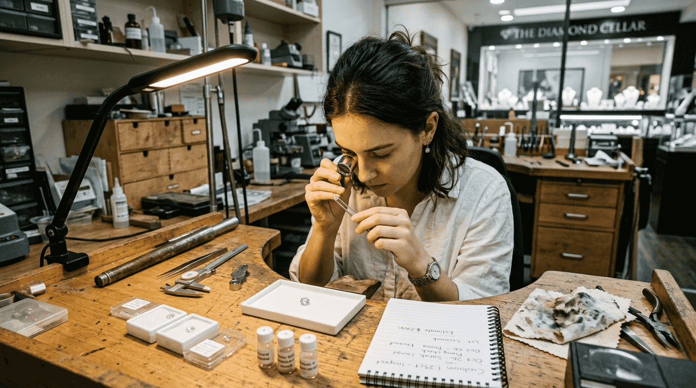 Jeweler inspecting diamond at workshop bench