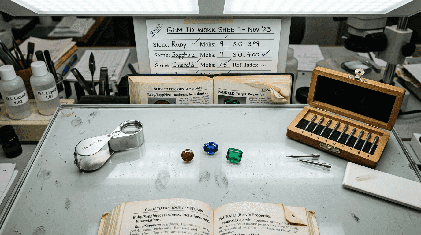 Gemstone testing table with Mohs scale tools