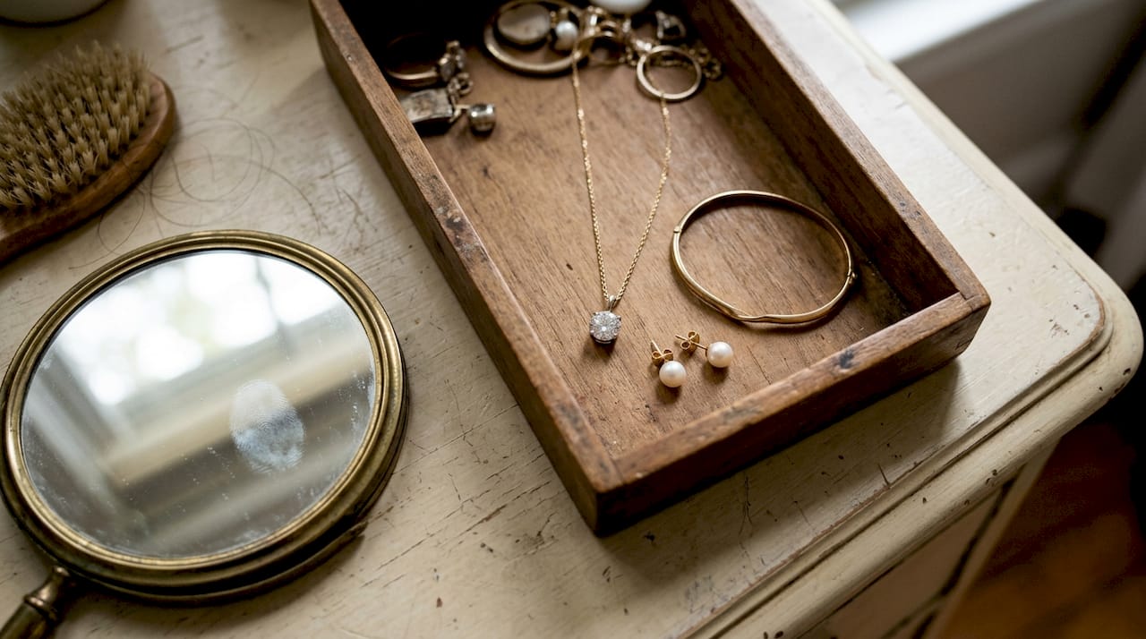 Classic jewelry pieces on vintage tray