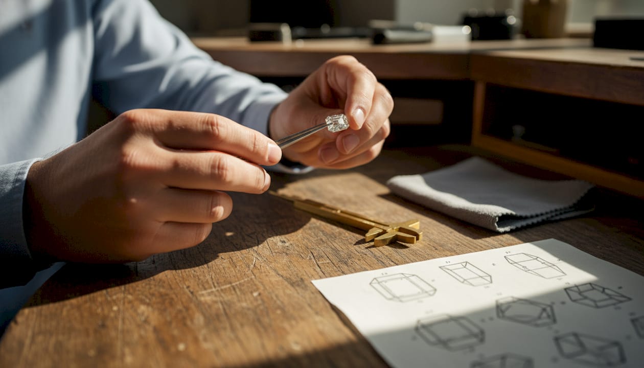 Hands hold emerald cut diamond with jeweler’s tools