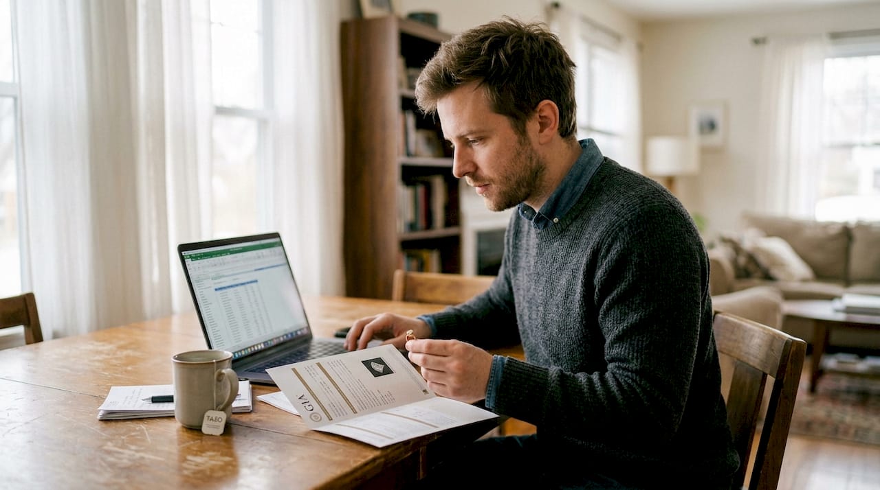 Man verifying diamond certificate with laptop