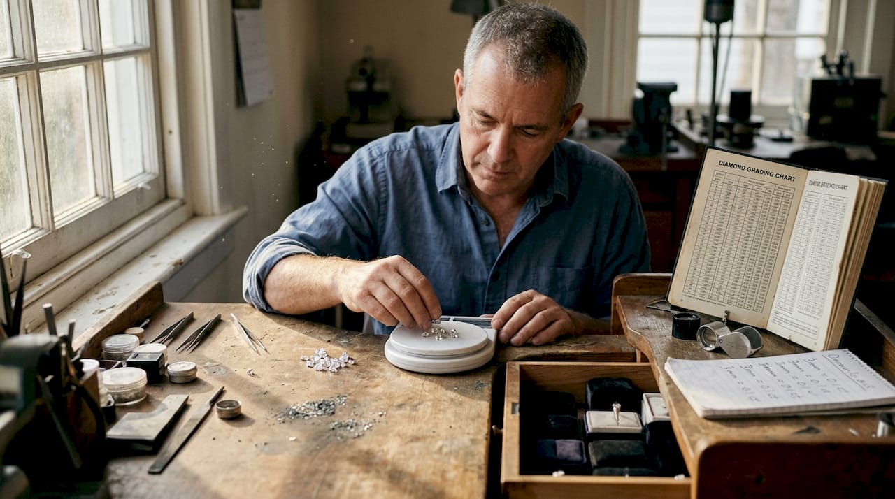 Jeweler comparing diamond sizes on table