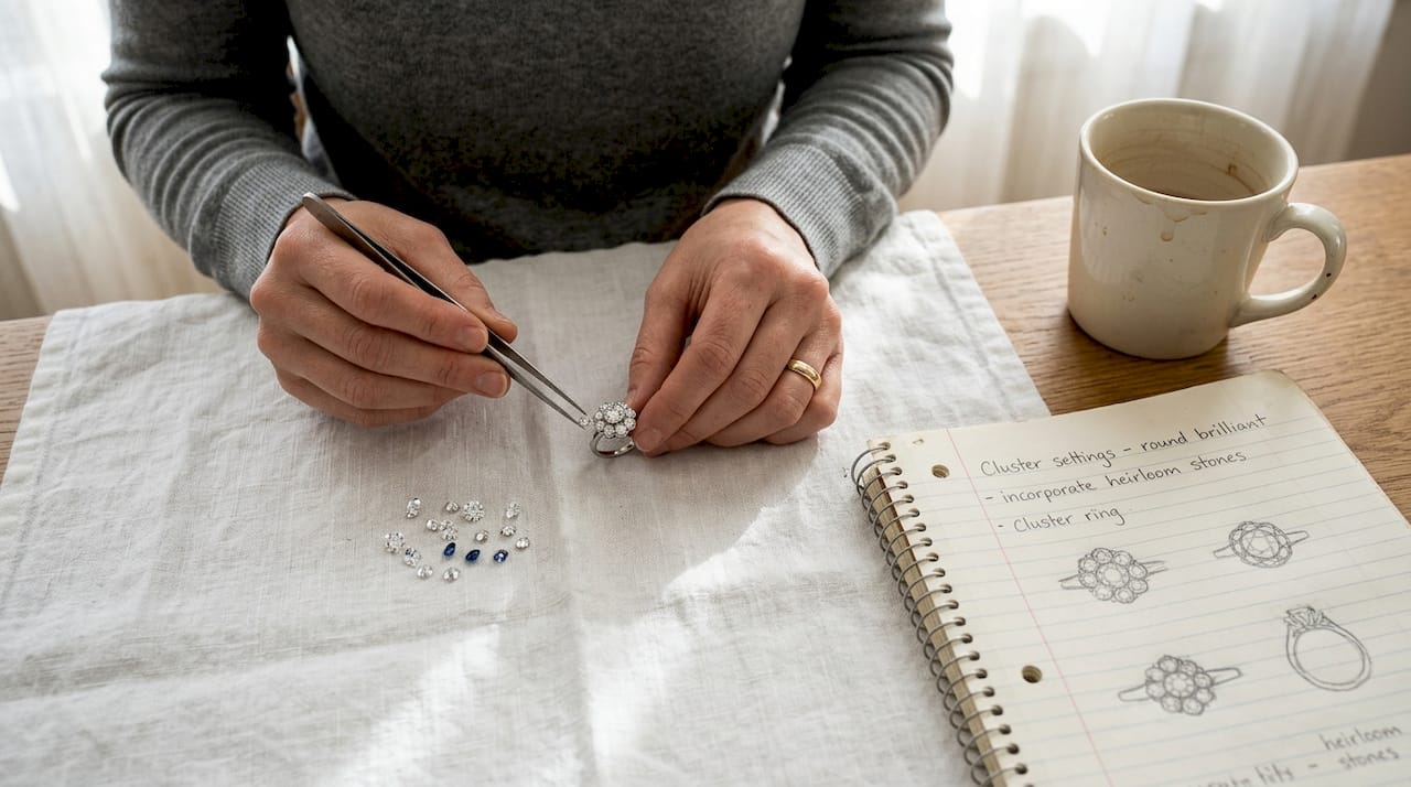 Hands arranging cluster ring setting at table