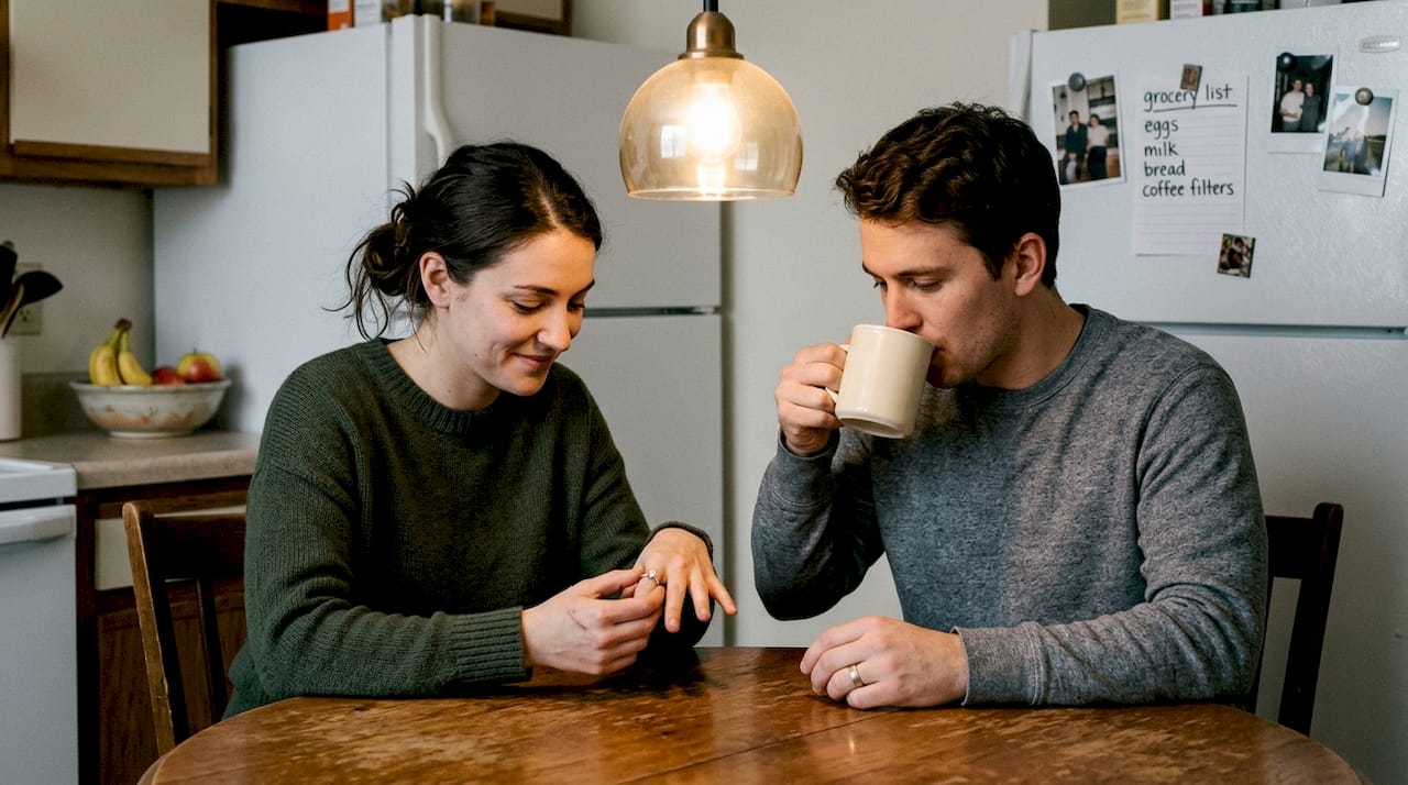 Couple admiring white gold rings at table