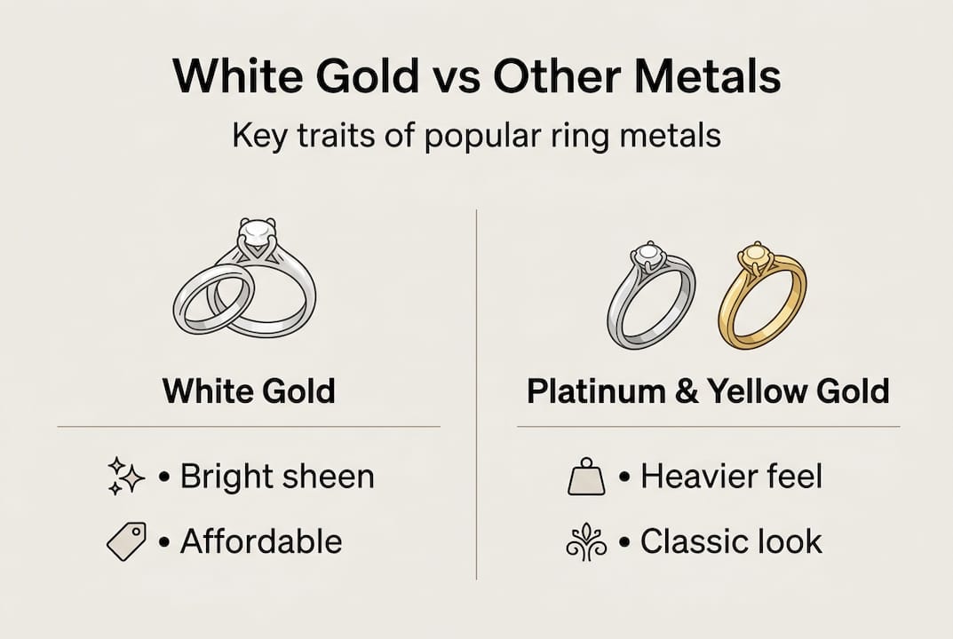 Infographic comparing white gold with platinum and yellow gold