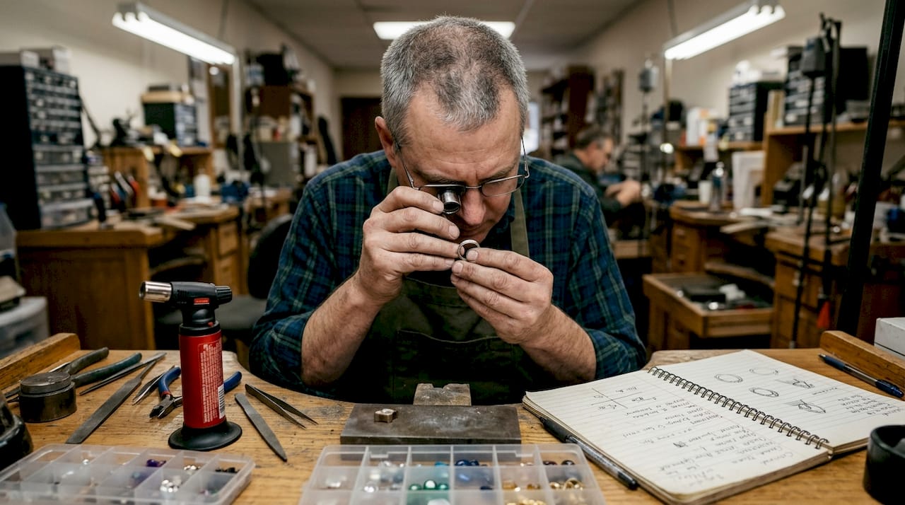 Jeweler inspects platinum ring at busy workbench