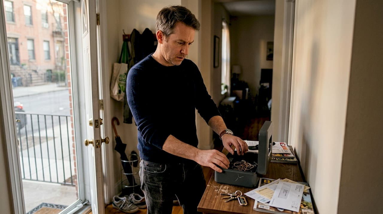 Man checking jewelry box at apartment doorway
