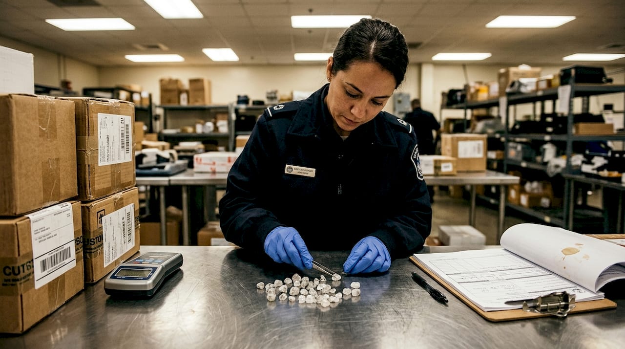 Customs officer checking uncut rough diamonds