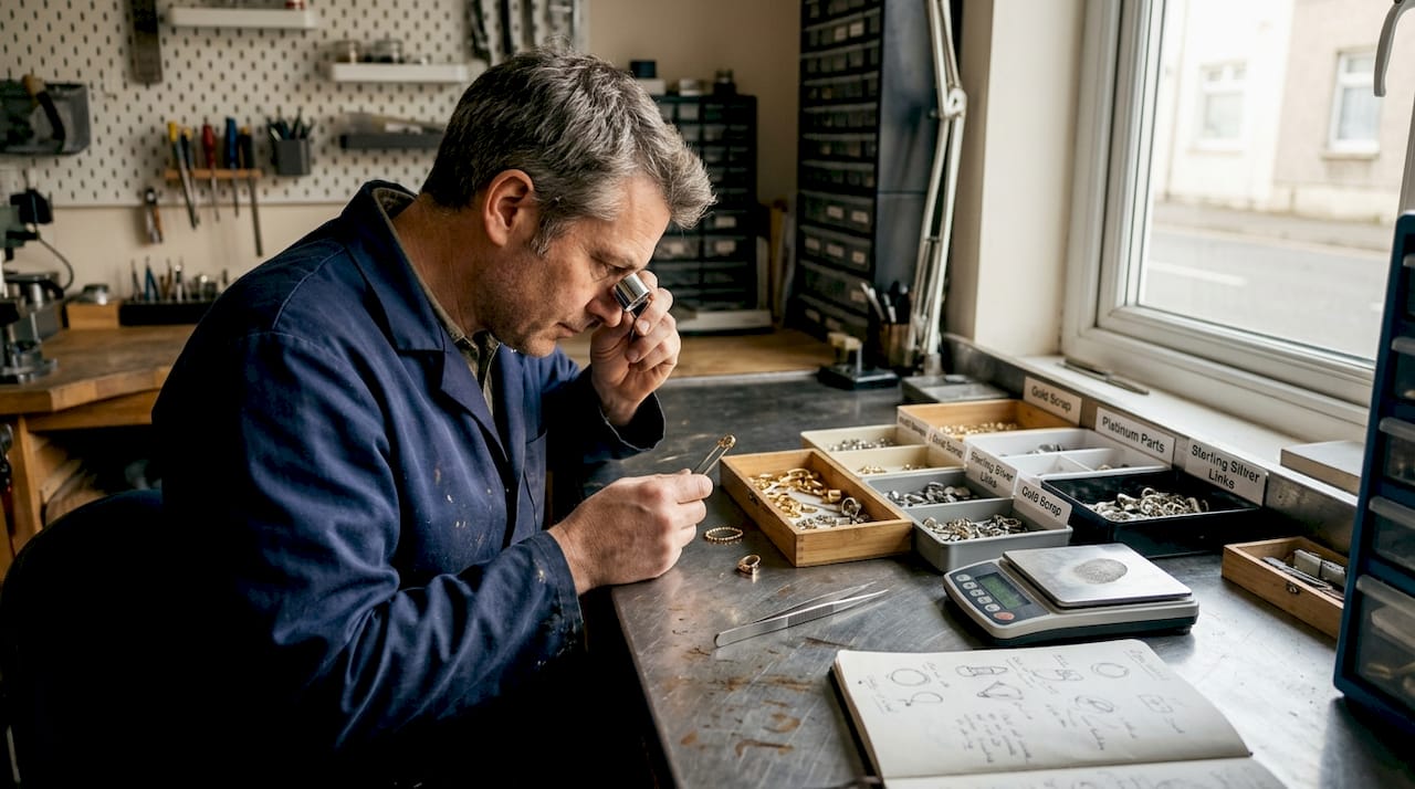 Jeweler sorting gold, platinum, and silver pieces