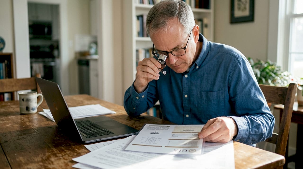 Man verifying diamond against grading certificate