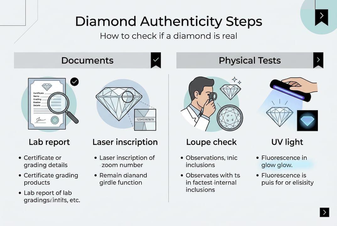 Diamond authenticity multi-method verification infographic