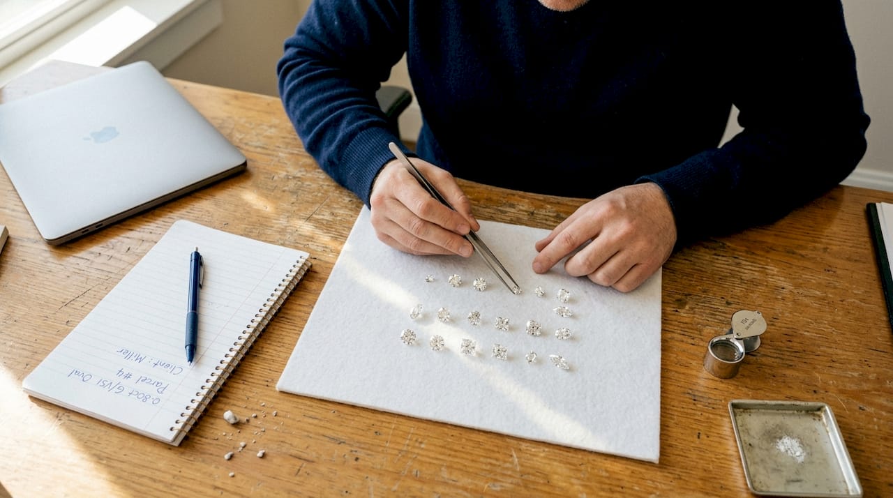 Loose diamonds of different shapes on jeweler's desk