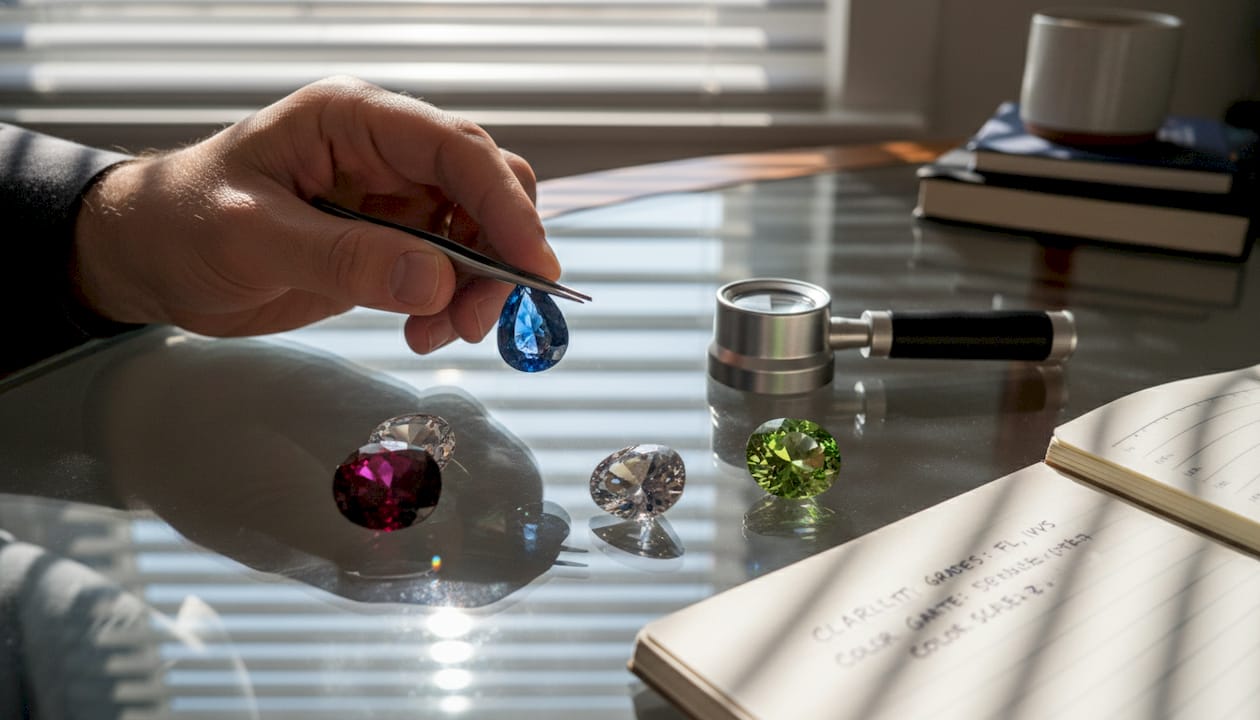 Hand rotating sapphire showing light and inclusions