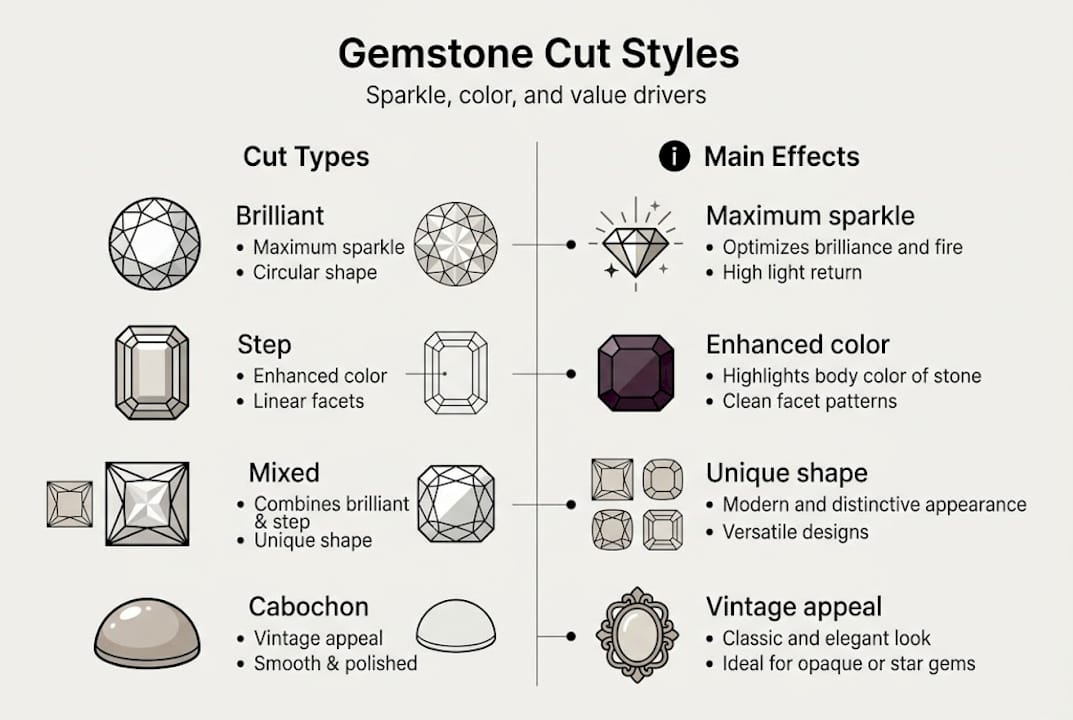 Infographic showing gemstone cut styles and effects