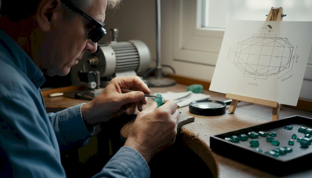 Gemstone cutter working on emerald step cut
