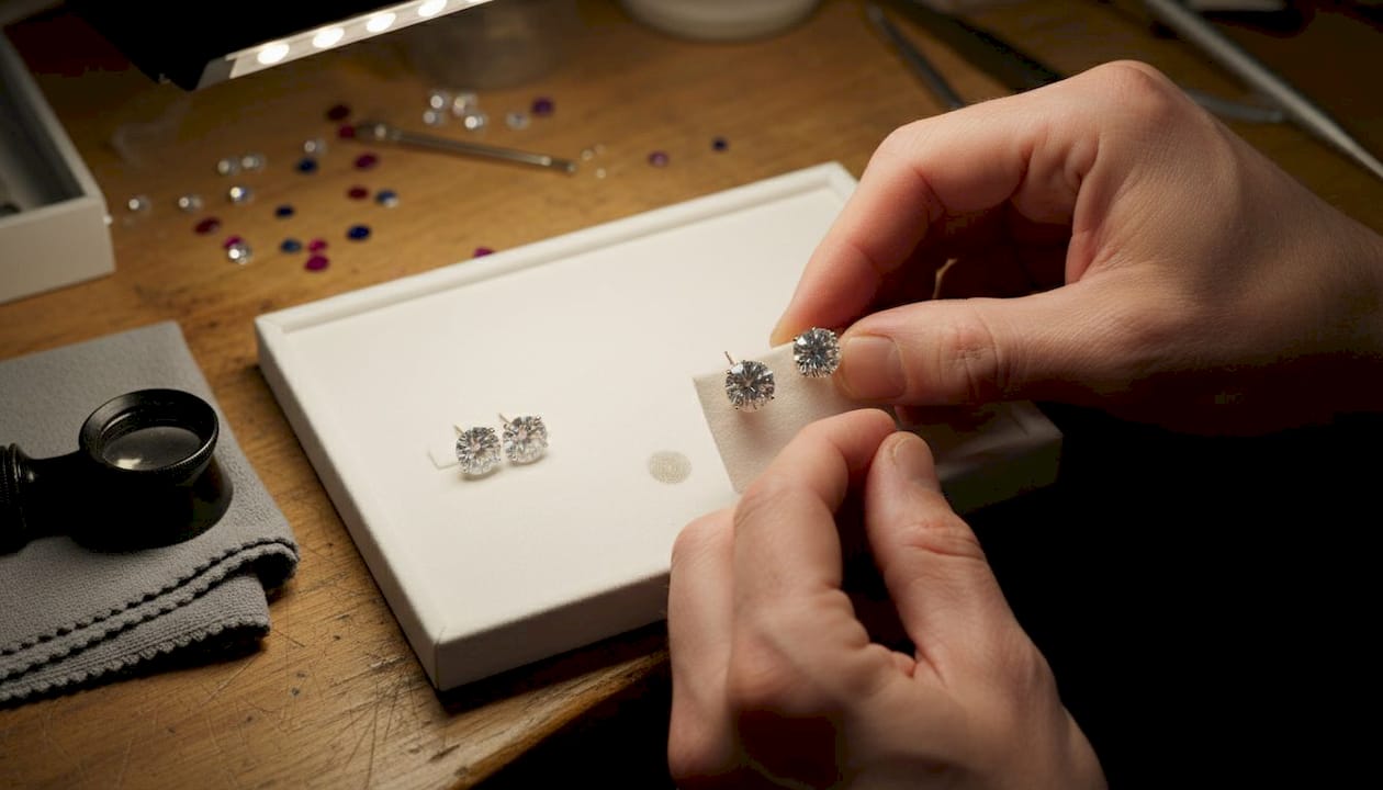 Jeweler comparing diamond stud earrings sparkle