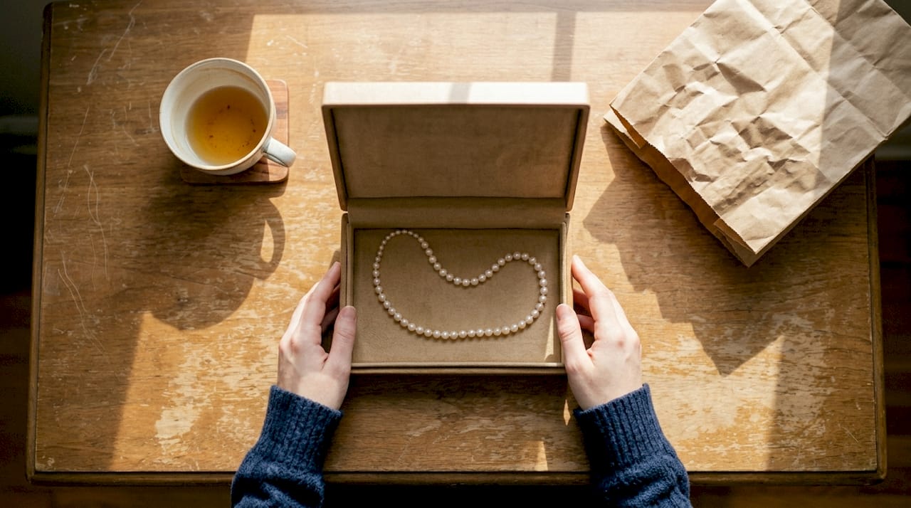 Storing pearl necklace in lined box