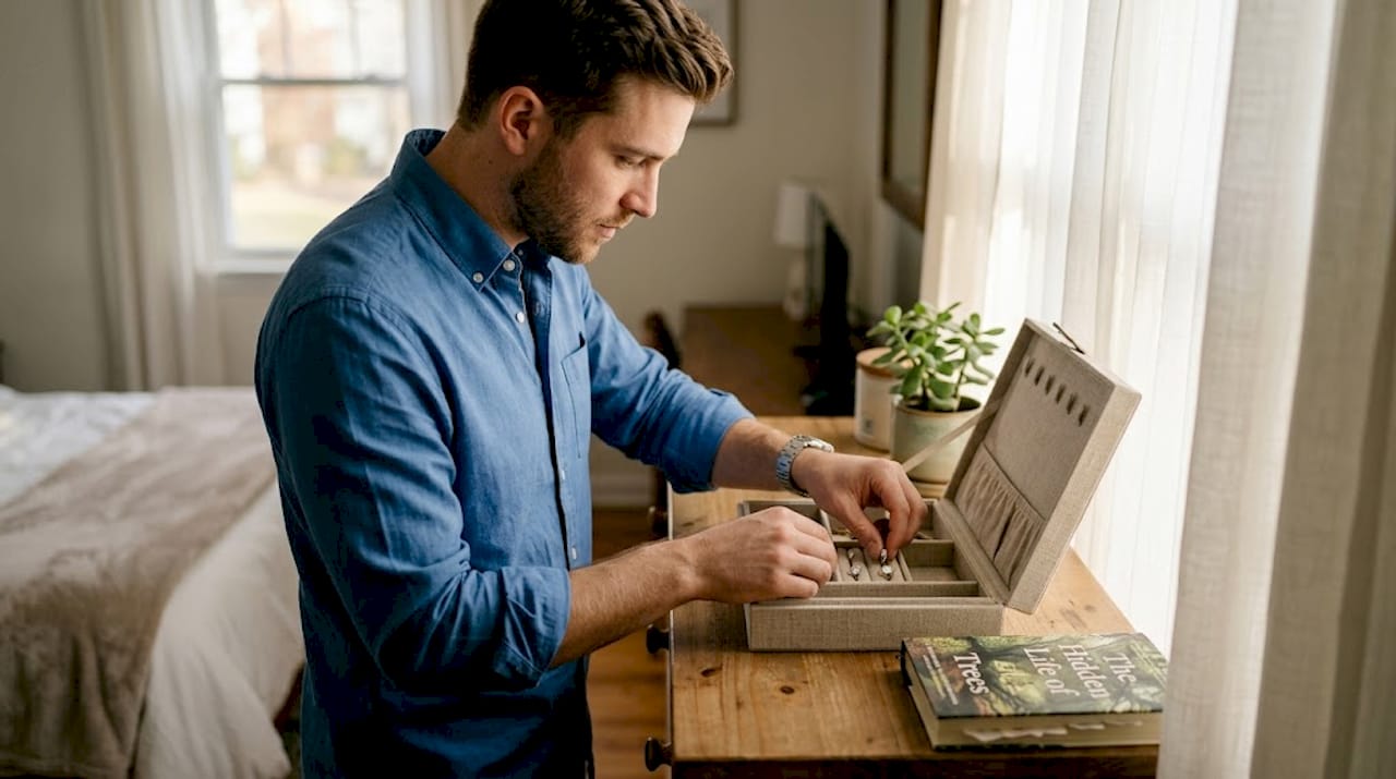 Man storing diamond earrings in jewelry organizer