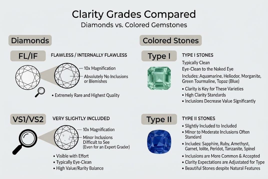 Infographic comparing diamond and gemstone clarity