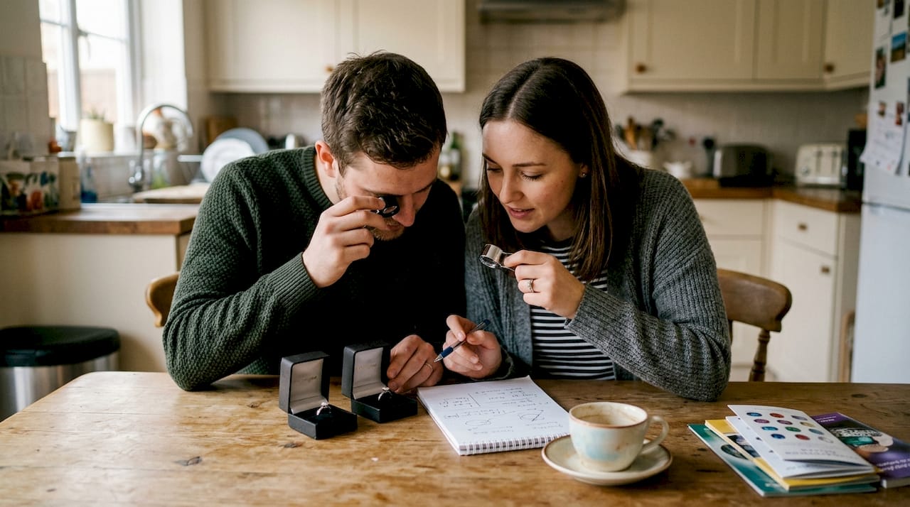 Couple comparing gemstone rings at kitchen table