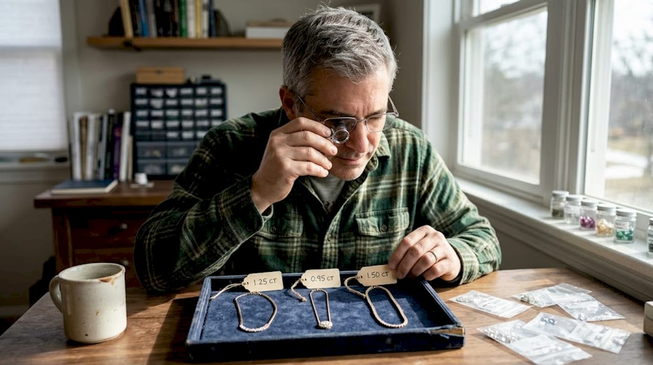 Gemologist comparing necklaces by carat weight
