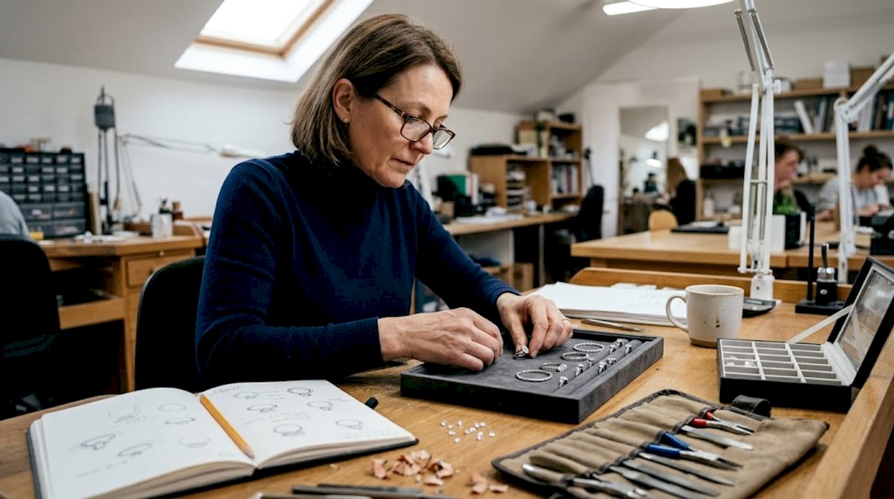 Designer arranging trendy diamond jewelry tray