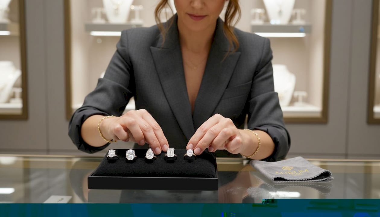 Woman trying on oval diamond ring at home