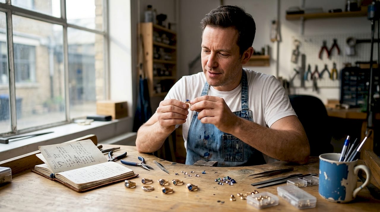 Artisan reviews birthstone rings at workbench
