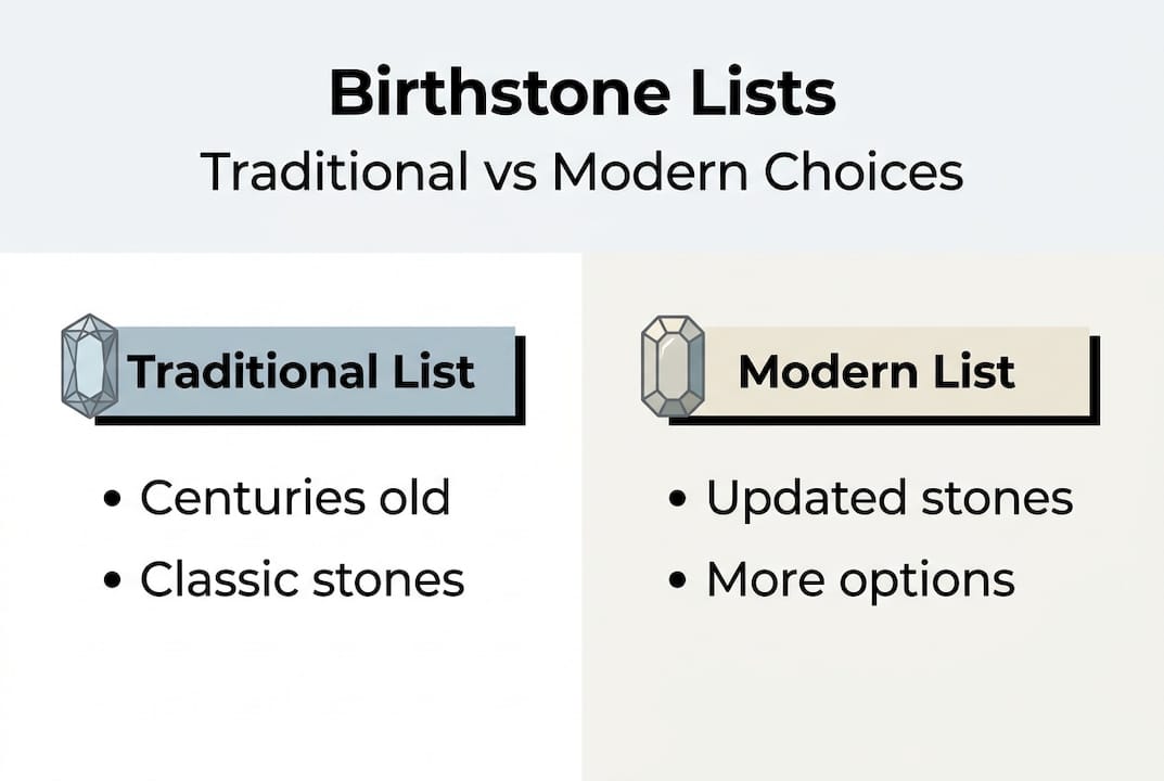 Infographic comparing birthstone traditions and modern lists