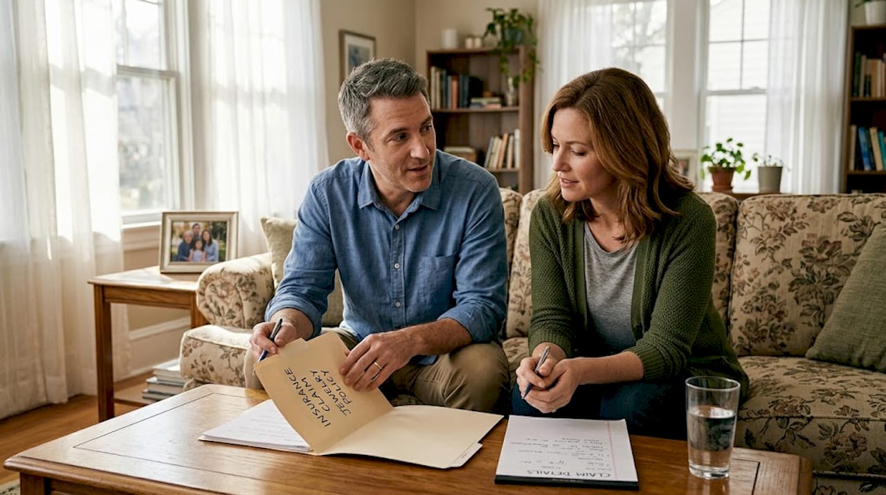 Couple reviewing jewelry insurance paperwork on sofa