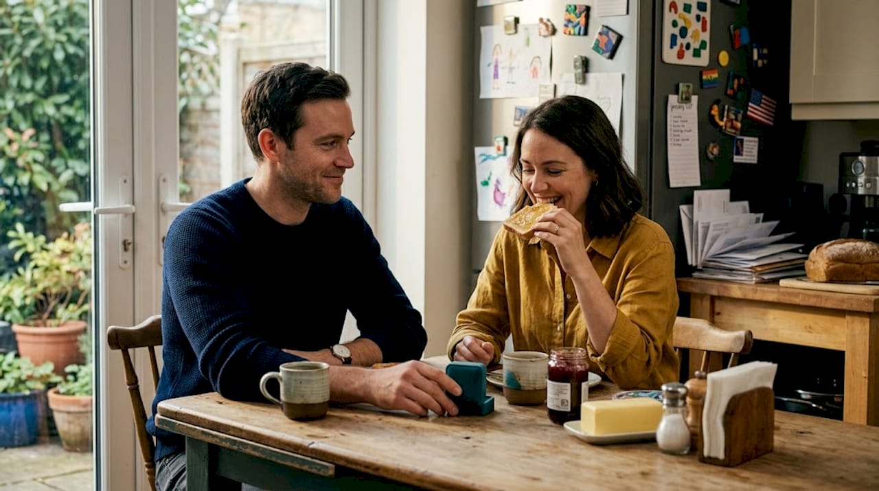 Couple sharing ring gift at kitchen table