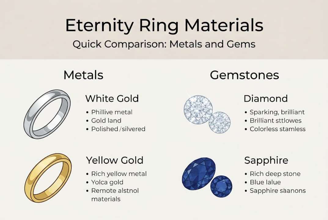 Infographic comparing eternity ring metals and gems