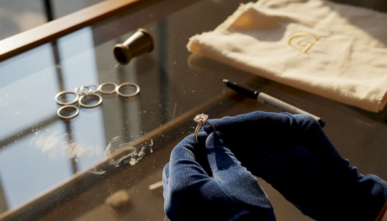 Hands inspecting diamond ring setting
